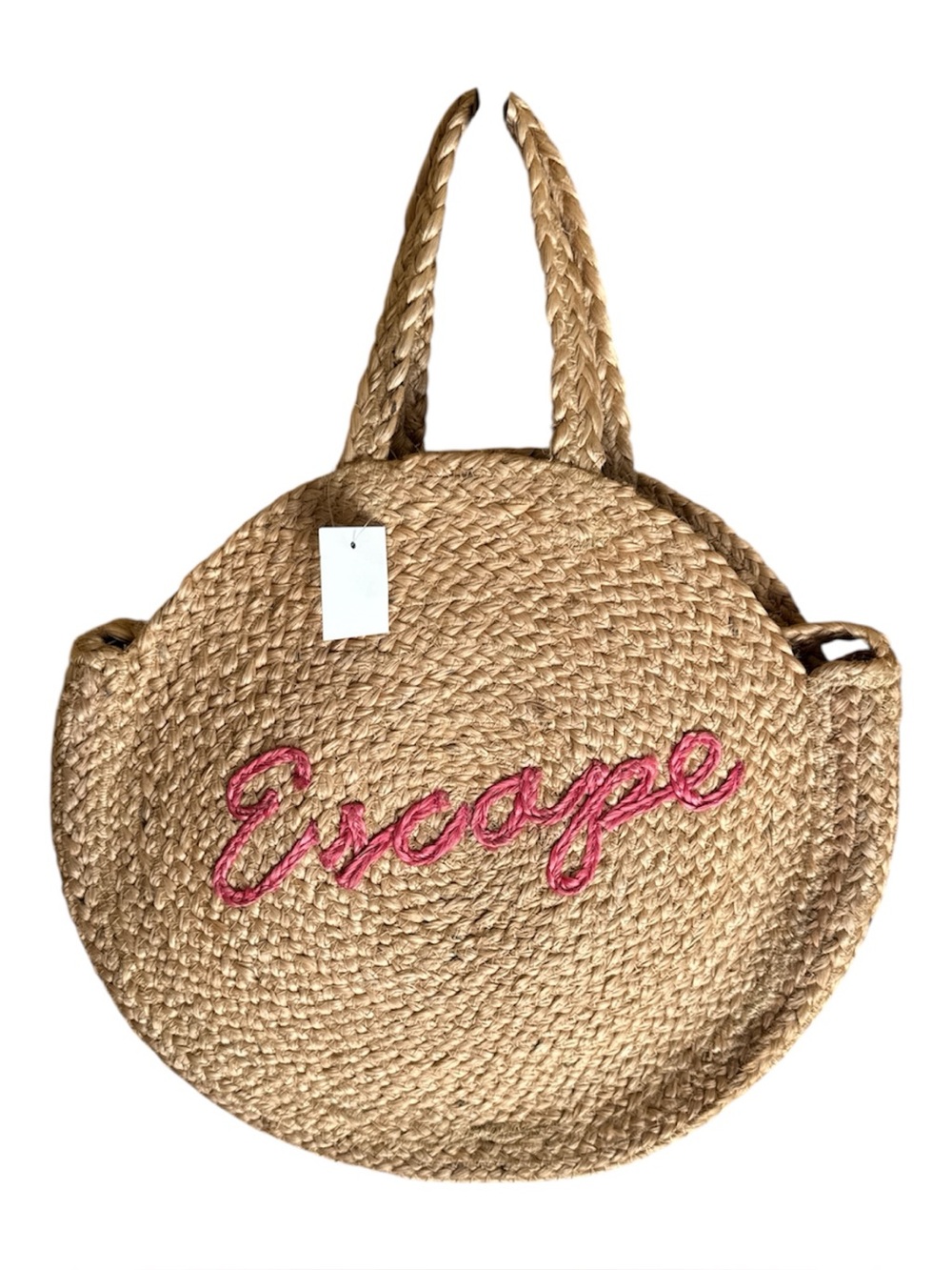 ⭐️NWT⭐️Shiraleah Natural Woven Jute Bag with Pink 'Escape' Embroidery
